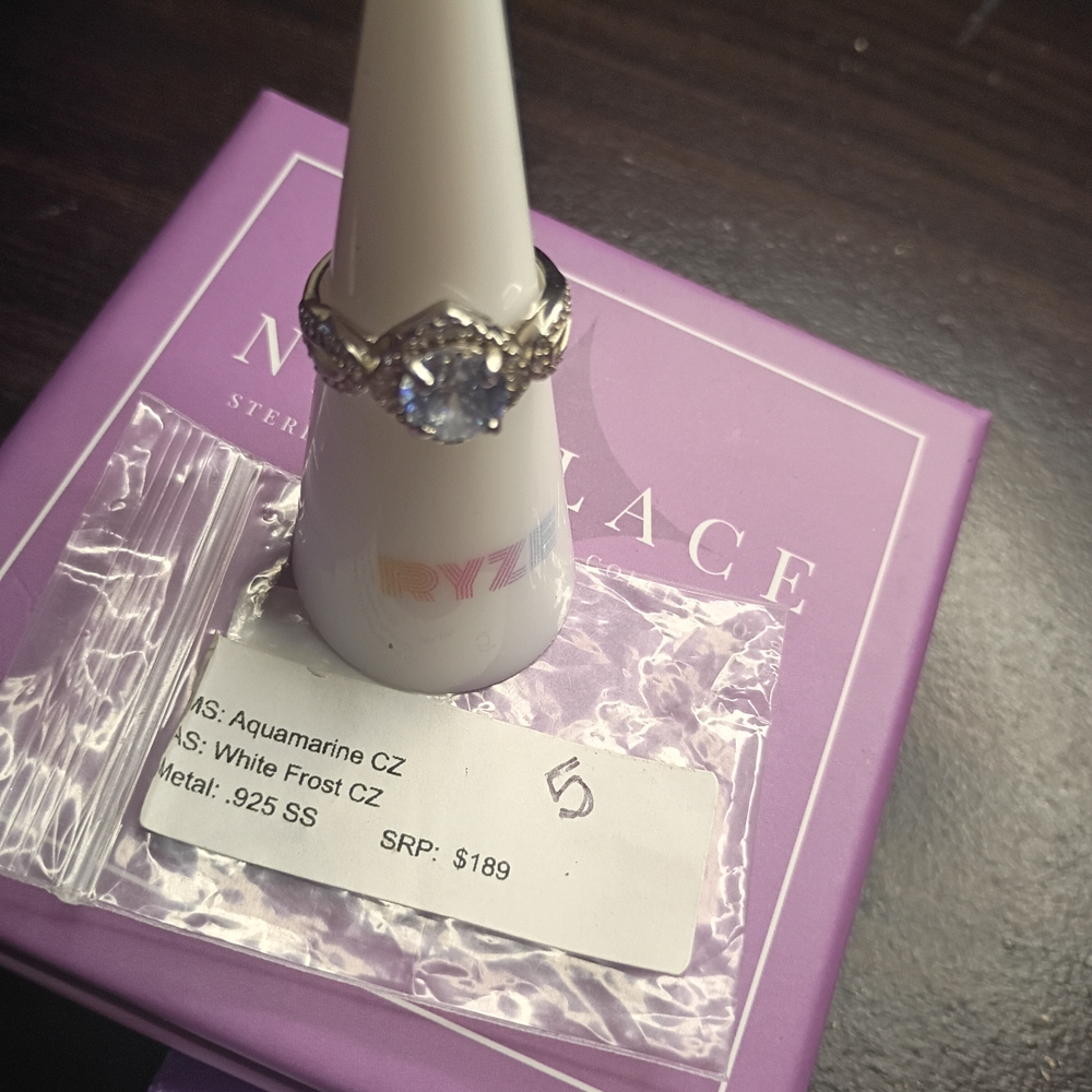 Aquamarine CZ Sterling Silver Ring Size 5